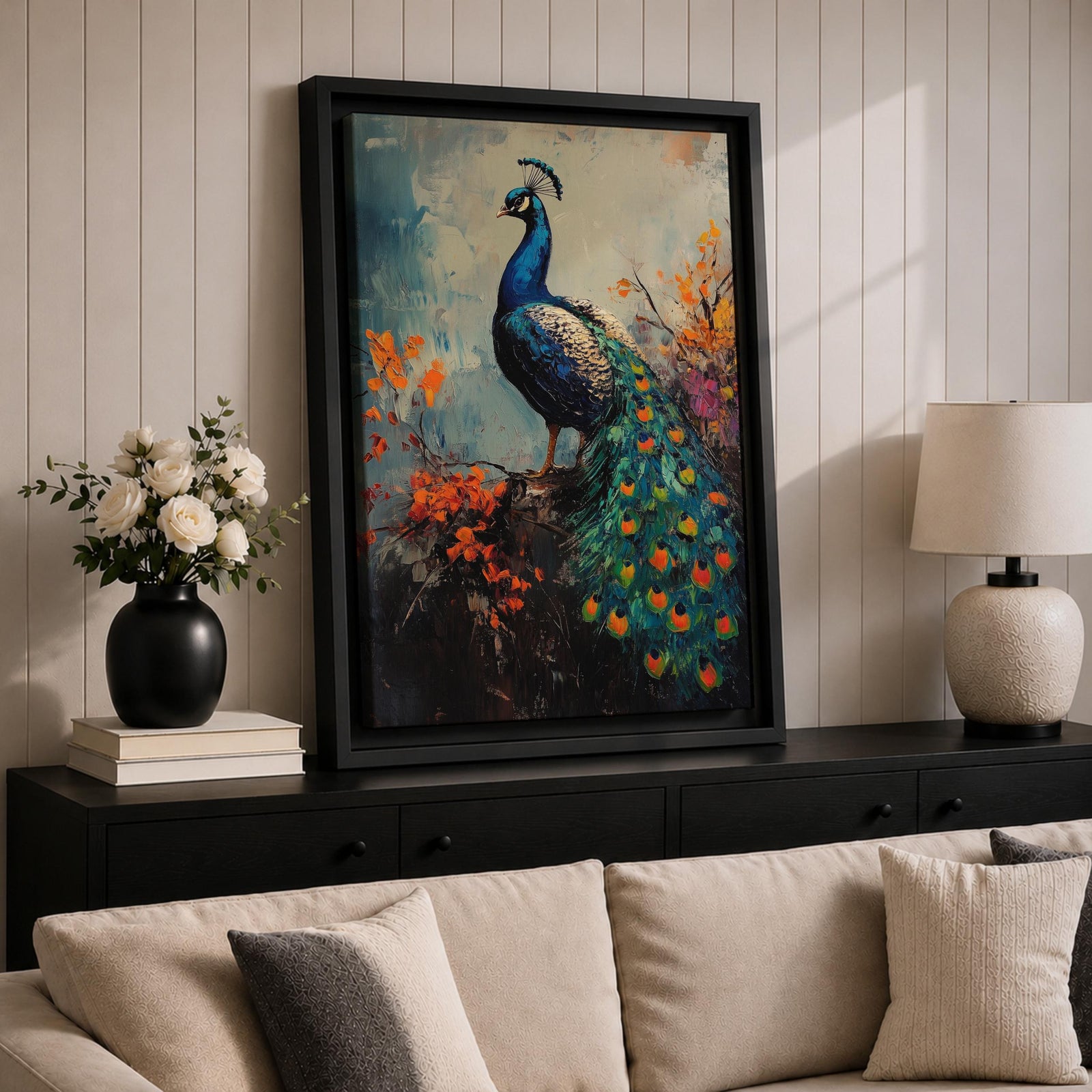 This artwork features a detailed impasto painting of a peacock standing on a branch surrounded by vibrant foliage. The thick textured brushstrokes emphasize the bird’s feathers and tail, creating a rich, tactile visual effect. The composition highlights the peacock’s elegant posture and colorful plumage in a natural setting.