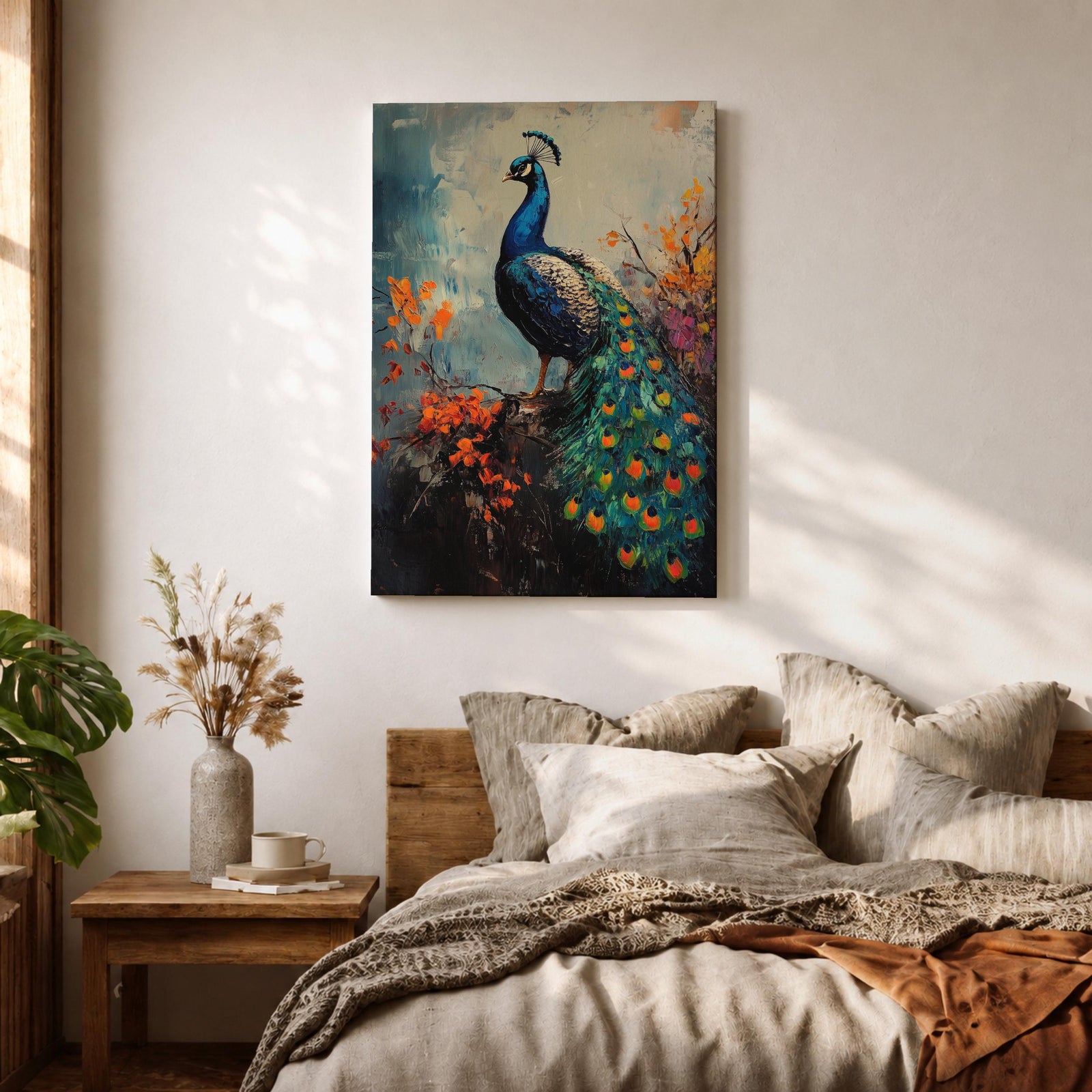 This artwork features a detailed impasto painting of a peacock standing on a branch surrounded by vibrant foliage. The thick textured brushstrokes emphasize the bird’s feathers and tail, creating a rich, tactile visual effect. The composition highlights the peacock’s elegant posture and colorful plumage in a natural setting.