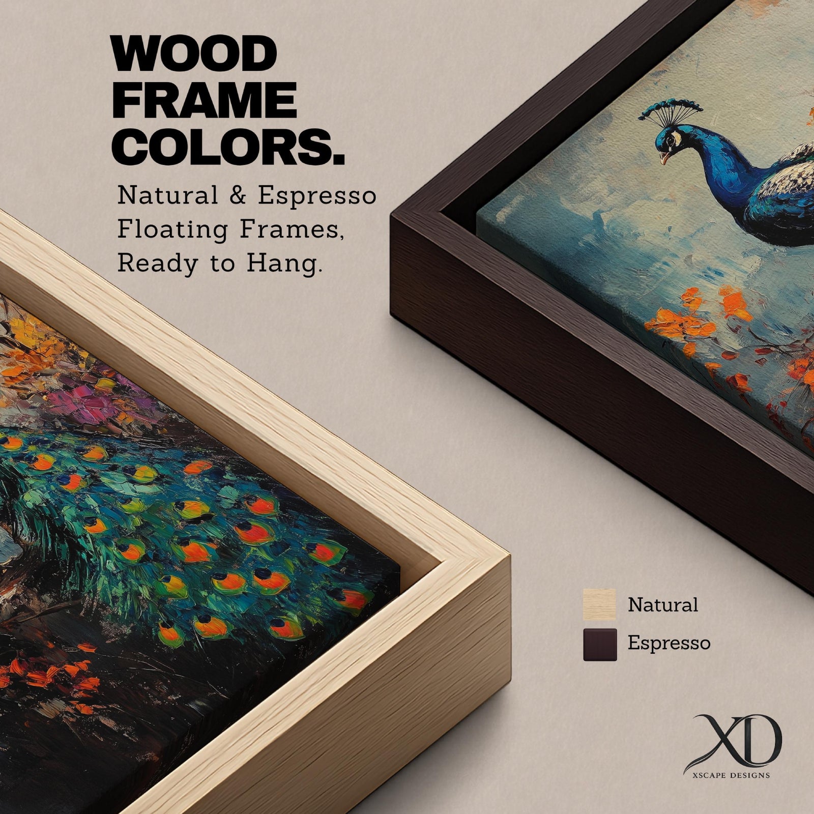 This artwork features a detailed impasto painting of a peacock standing on a branch surrounded by vibrant foliage. The thick textured brushstrokes emphasize the bird’s feathers and tail, creating a rich, tactile visual effect. The composition highlights the peacock’s elegant posture and colorful plumage in a natural setting.