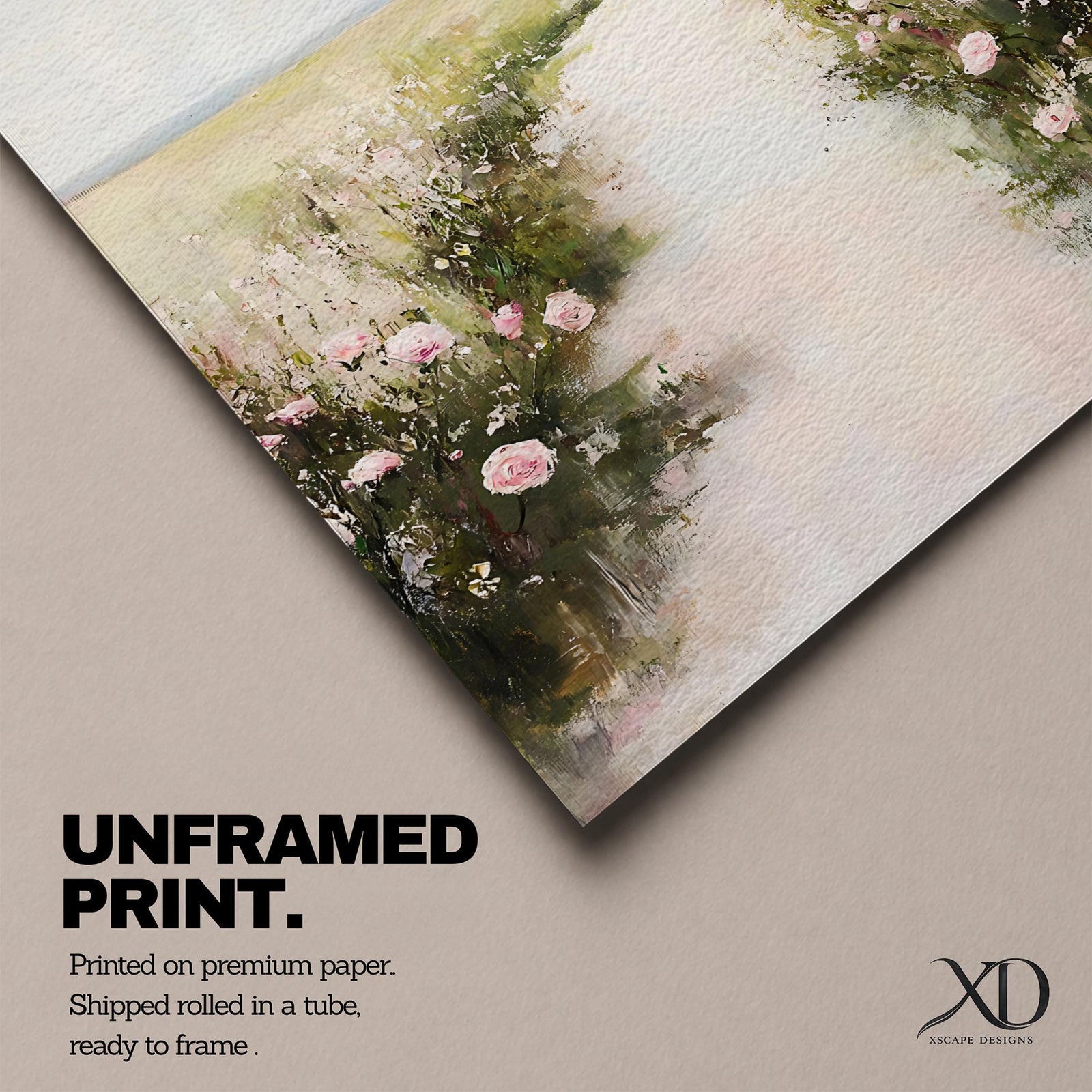 A vintage style framed canvas painting depicting a floral pathway bordered by blooming pink roses and greenery leading into a soft, open landscape. The artwork features impressionistic brush strokes with a romantic cottagecore aesthetic, emphasizing natural beauty and rustic charm in a serene outdoor setting.