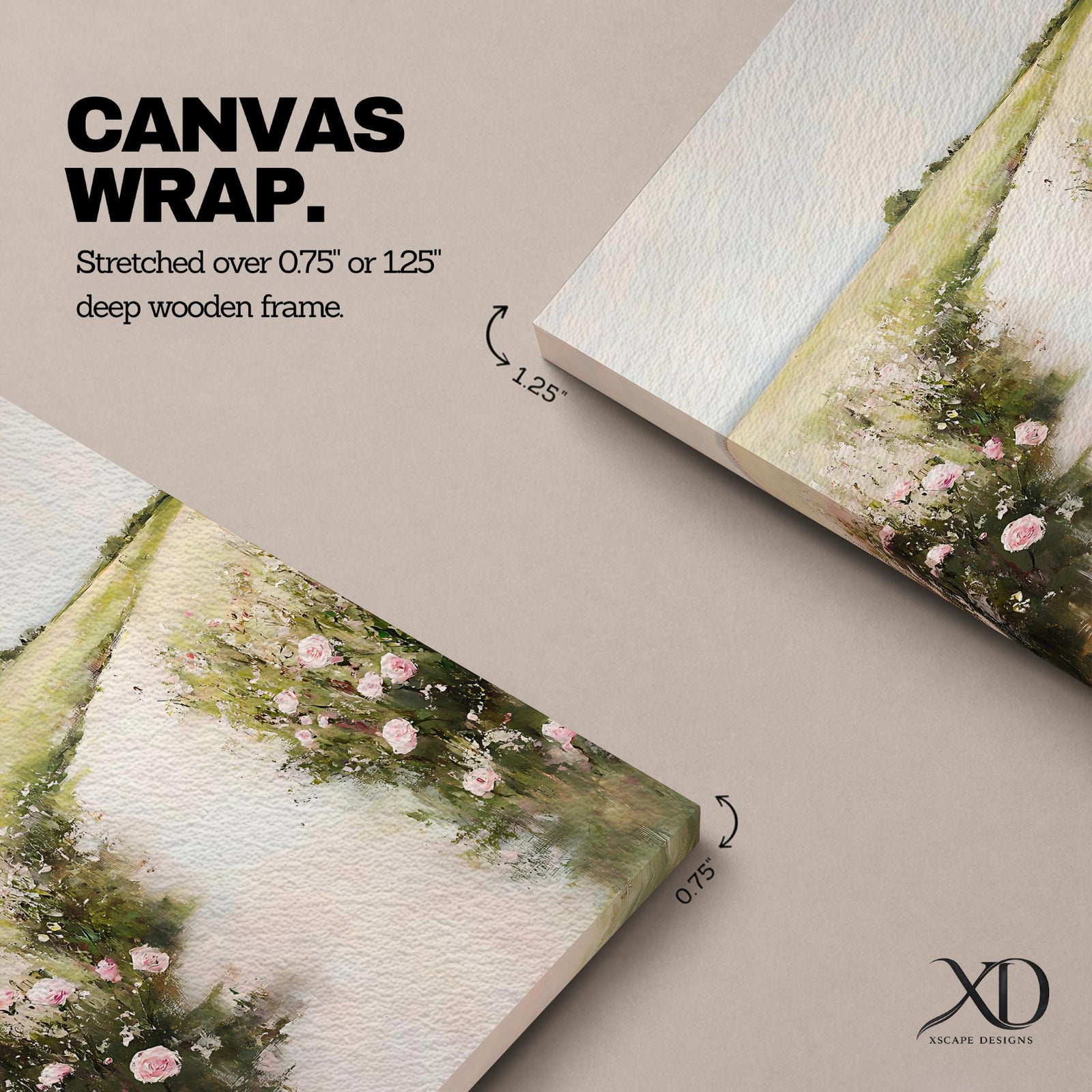 A vintage style framed canvas painting depicting a floral pathway bordered by blooming pink roses and greenery leading into a soft, open landscape. The artwork features impressionistic brush strokes with a romantic cottagecore aesthetic, emphasizing natural beauty and rustic charm in a serene outdoor setting.