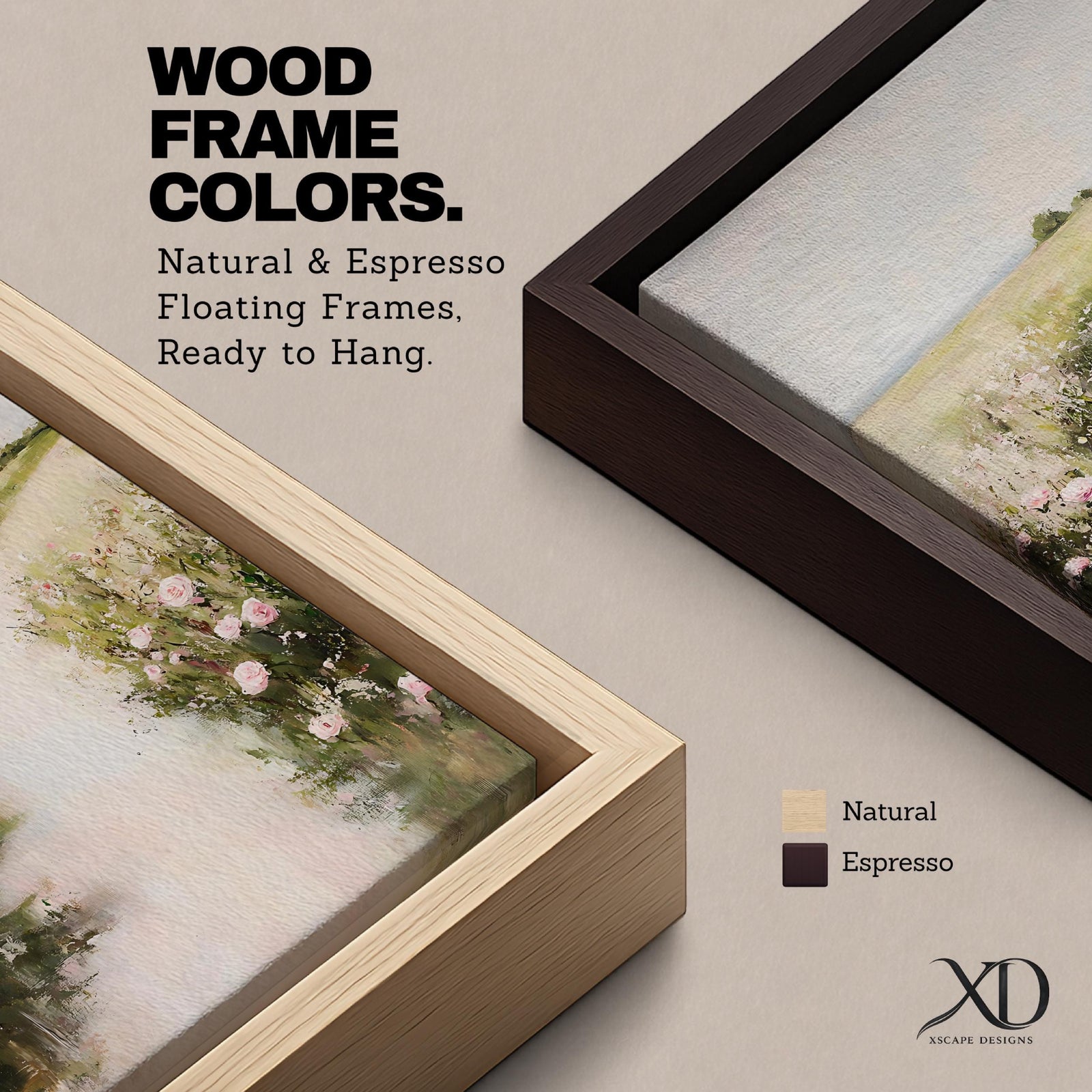 A vintage style framed canvas painting depicting a floral pathway bordered by blooming pink roses and greenery leading into a soft, open landscape. The artwork features impressionistic brush strokes with a romantic cottagecore aesthetic, emphasizing natural beauty and rustic charm in a serene outdoor setting.
