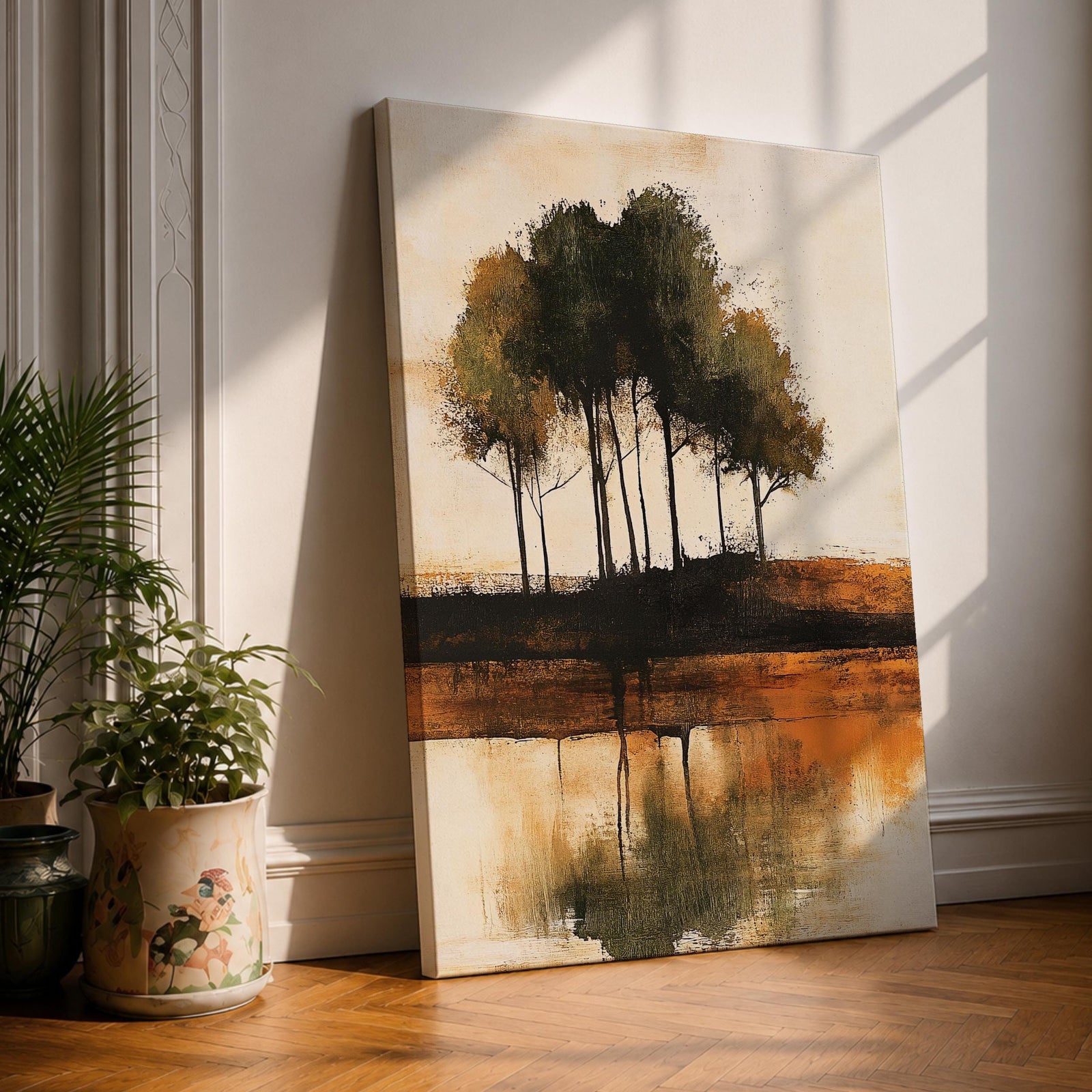 This artwork features an abstract landscape with a cluster of trees reflected in a body of water. The style is painterly and textured with earthy tones, emphasizing natural forms and rustic elements. The composition centers on the trees and their mirrored image, creating a serene nature scene.