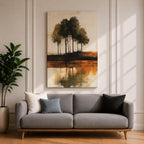 This artwork features an abstract landscape with a cluster of trees reflected in a body of water. The style is painterly and textured with earthy tones, emphasizing natural forms and rustic elements. The composition centers on the trees and their mirrored image, creating a serene nature scene.