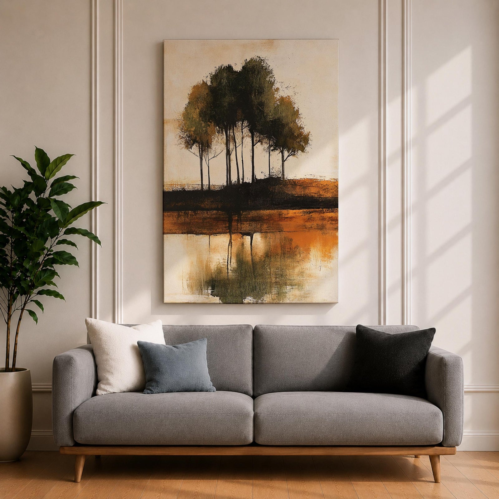 This artwork features an abstract landscape with a cluster of trees reflected in a body of water. The style is painterly and textured with earthy tones, emphasizing natural forms and rustic elements. The composition centers on the trees and their mirrored image, creating a serene nature scene.