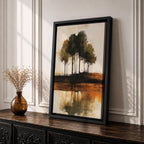 This artwork features an abstract landscape with a cluster of trees reflected in a body of water. The style is painterly and textured with earthy tones, emphasizing natural forms and rustic elements. The composition centers on the trees and their mirrored image, creating a serene nature scene.