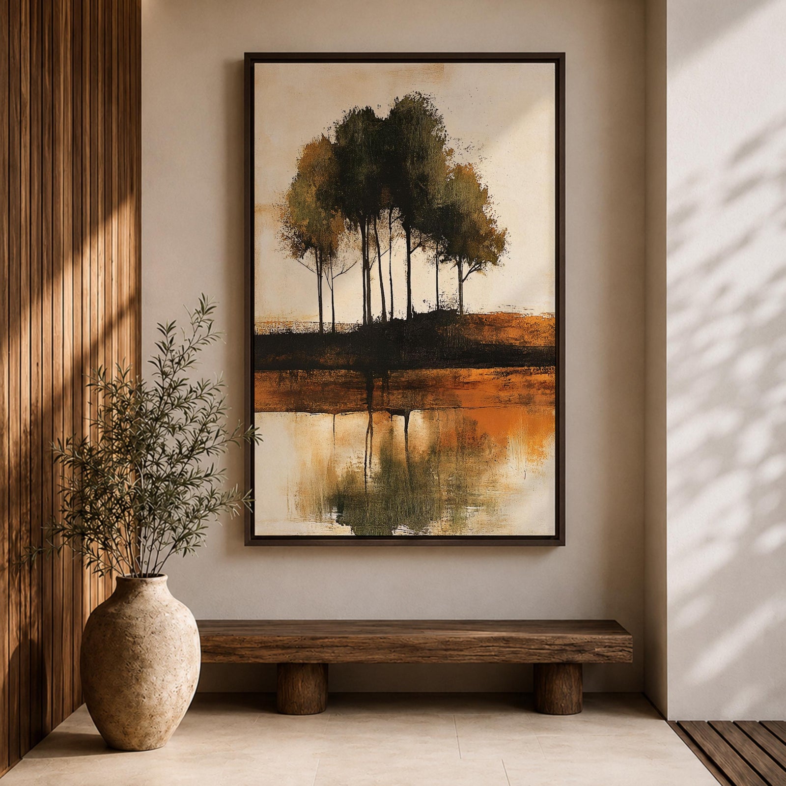 This artwork features an abstract landscape with a cluster of trees reflected in a body of water. The style is painterly and textured with earthy tones, emphasizing natural forms and rustic elements. The composition centers on the trees and their mirrored image, creating a serene nature scene.
