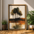 This artwork features an abstract landscape with a cluster of trees reflected in a body of water. The style is painterly and textured with earthy tones, emphasizing natural forms and rustic elements. The composition centers on the trees and their mirrored image, creating a serene nature scene.