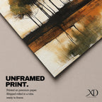 This artwork features an abstract landscape with a cluster of trees reflected in a body of water. The style is painterly and textured with earthy tones, emphasizing natural forms and rustic elements. The composition centers on the trees and their mirrored image, creating a serene nature scene.