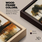This artwork features an abstract landscape with a cluster of trees reflected in a body of water. The style is painterly and textured with earthy tones, emphasizing natural forms and rustic elements. The composition centers on the trees and their mirrored image, creating a serene nature scene.