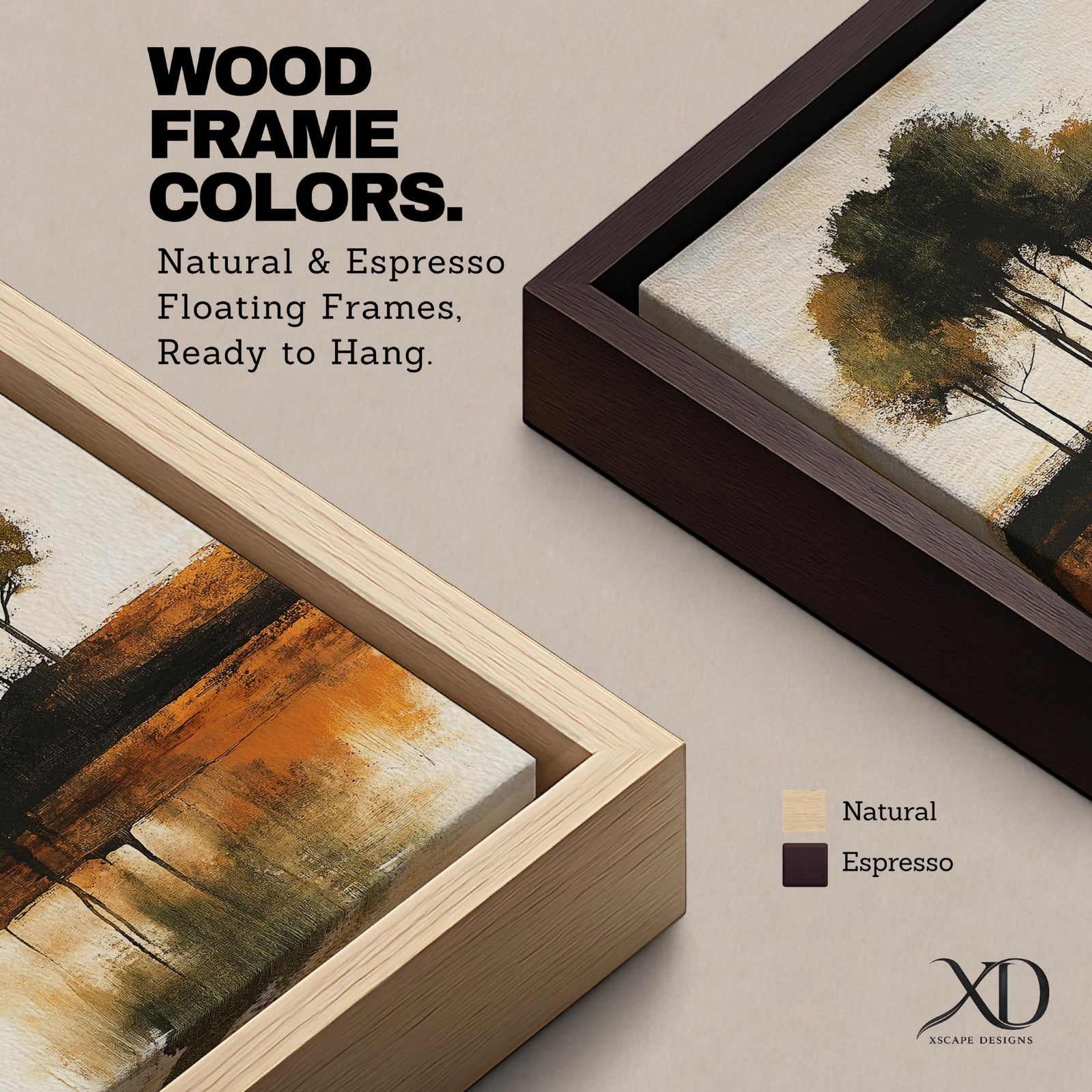 This artwork features an abstract landscape with a cluster of trees reflected in a body of water. The style is painterly and textured with earthy tones, emphasizing natural forms and rustic elements. The composition centers on the trees and their mirrored image, creating a serene nature scene.
