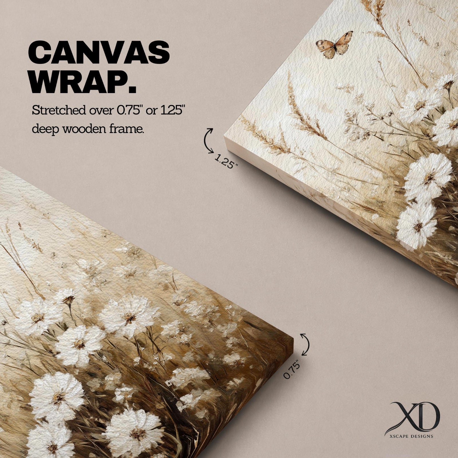 A vintage-style framed canvas depicting a wildflower meadow with delicate white flowers and tall grasses. The artwork features a soft, rustic aesthetic with a butterfly hovering above the flowers, rendered in muted earth tones that evoke a nostalgic cottagecore feel.