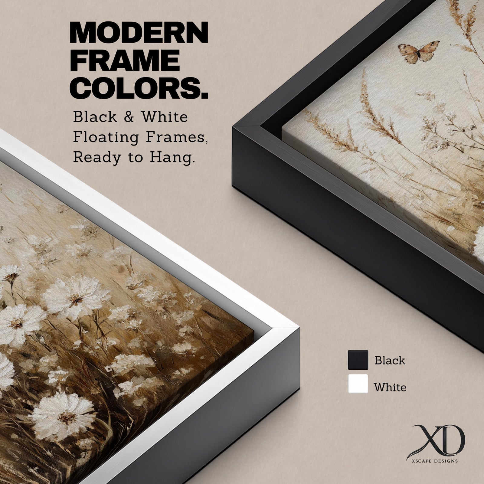 A vintage-style framed canvas depicting a wildflower meadow with delicate white flowers and tall grasses. The artwork features a soft, rustic aesthetic with a butterfly hovering above the flowers, rendered in muted earth tones that evoke a nostalgic cottagecore feel.