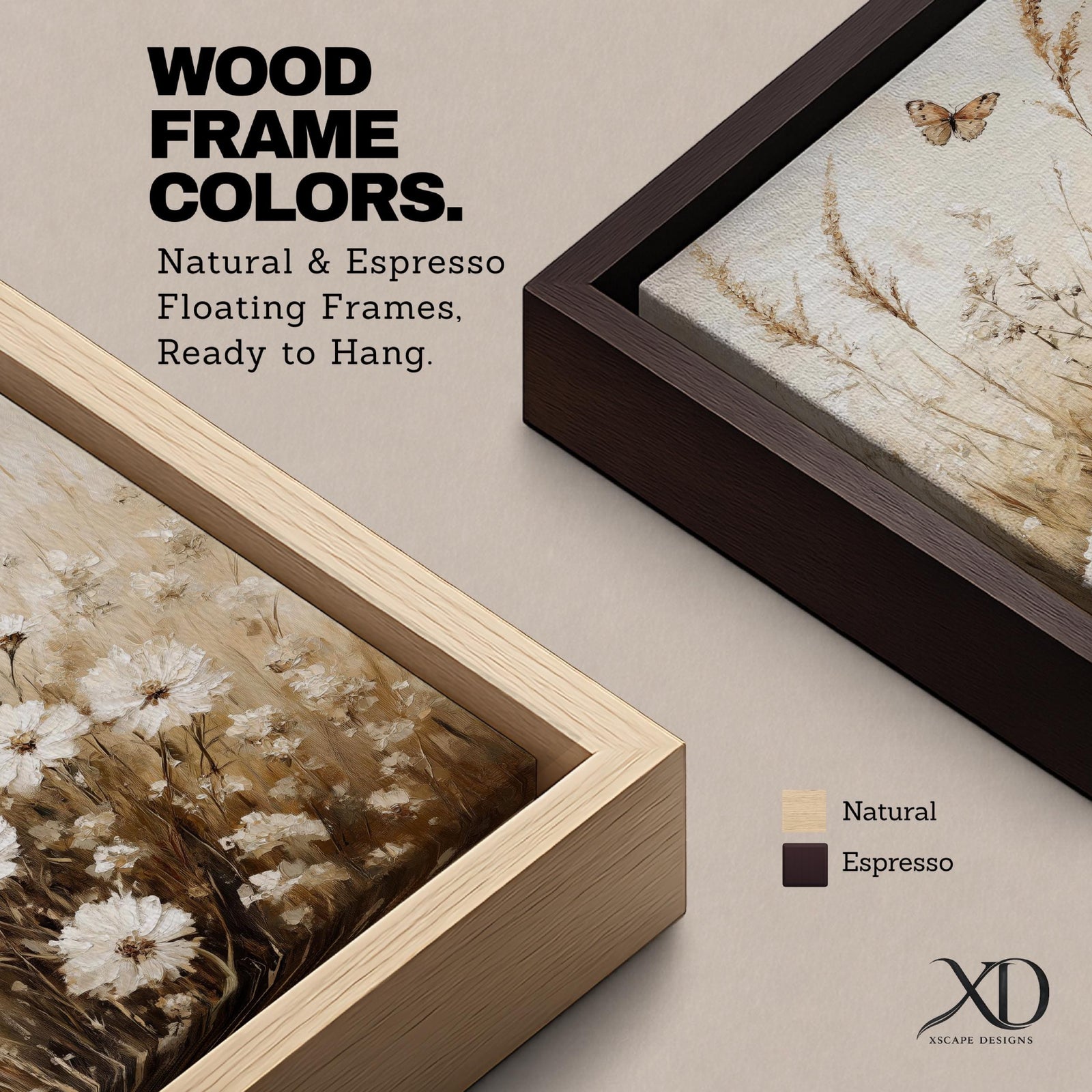 A vintage-style framed canvas depicting a wildflower meadow with delicate white flowers and tall grasses. The artwork features a soft, rustic aesthetic with a butterfly hovering above the flowers, rendered in muted earth tones that evoke a nostalgic cottagecore feel.