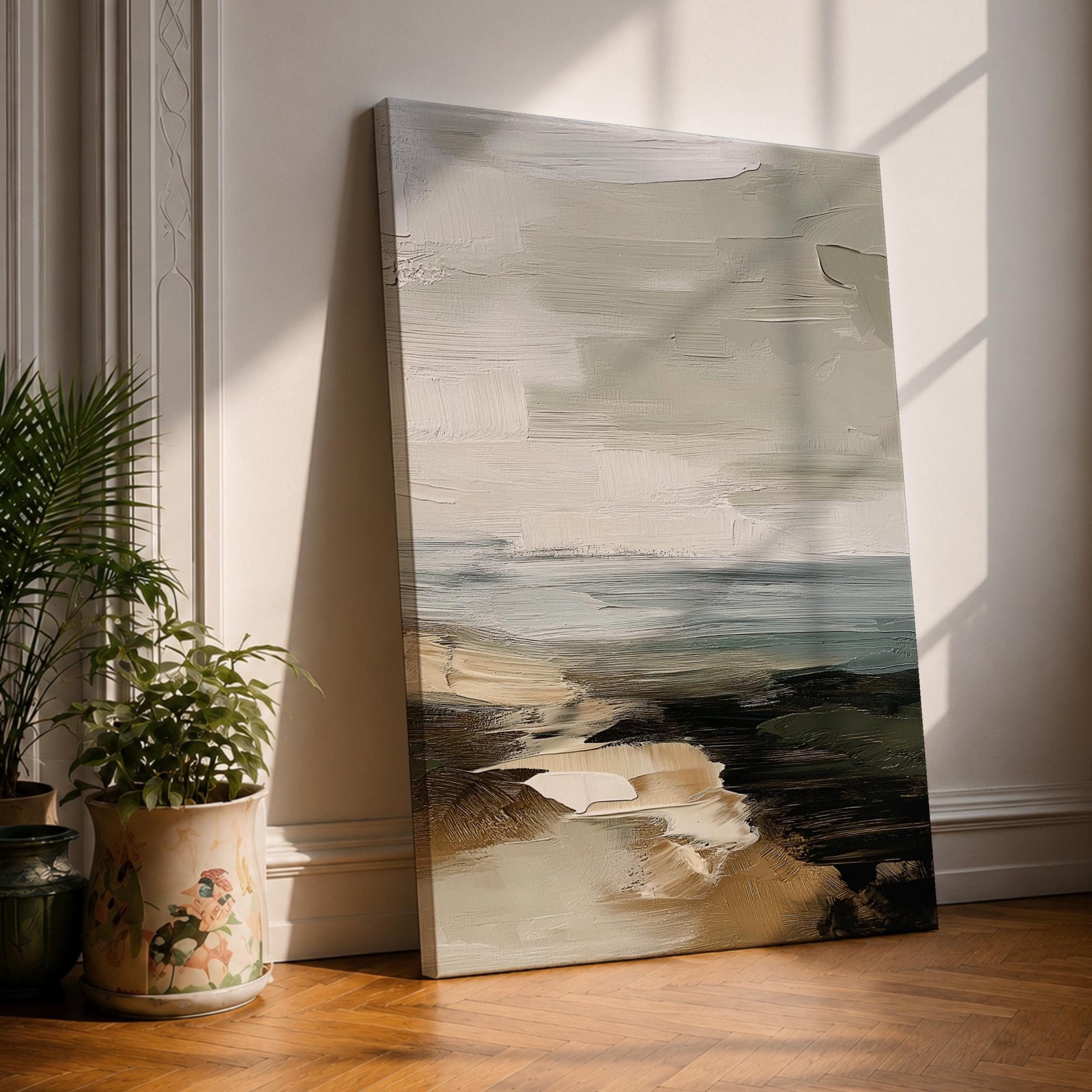 An abstract seascape painting with textured brush strokes depicting a coastal scene. The artwork features layered colors blending sea, sky, and shore elements in a rustic style with an impressionistic, abstract approach emphasizing natural landscape forms.