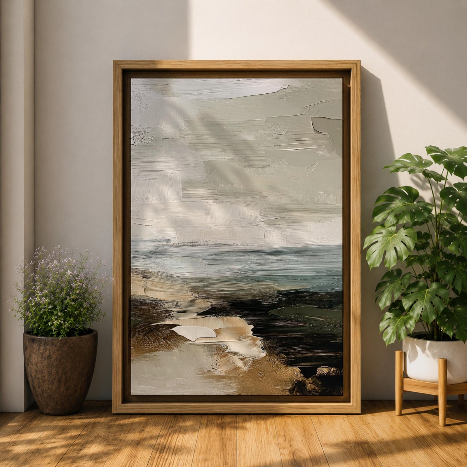 An abstract seascape painting with textured brush strokes depicting a coastal scene. The artwork features layered colors blending sea, sky, and shore elements in a rustic style with an impressionistic, abstract approach emphasizing natural landscape forms.