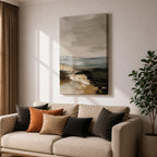 An abstract seascape painting with textured brush strokes depicting a coastal scene. The artwork features layered colors blending sea, sky, and shore elements in a rustic style with an impressionistic, abstract approach emphasizing natural landscape forms.
