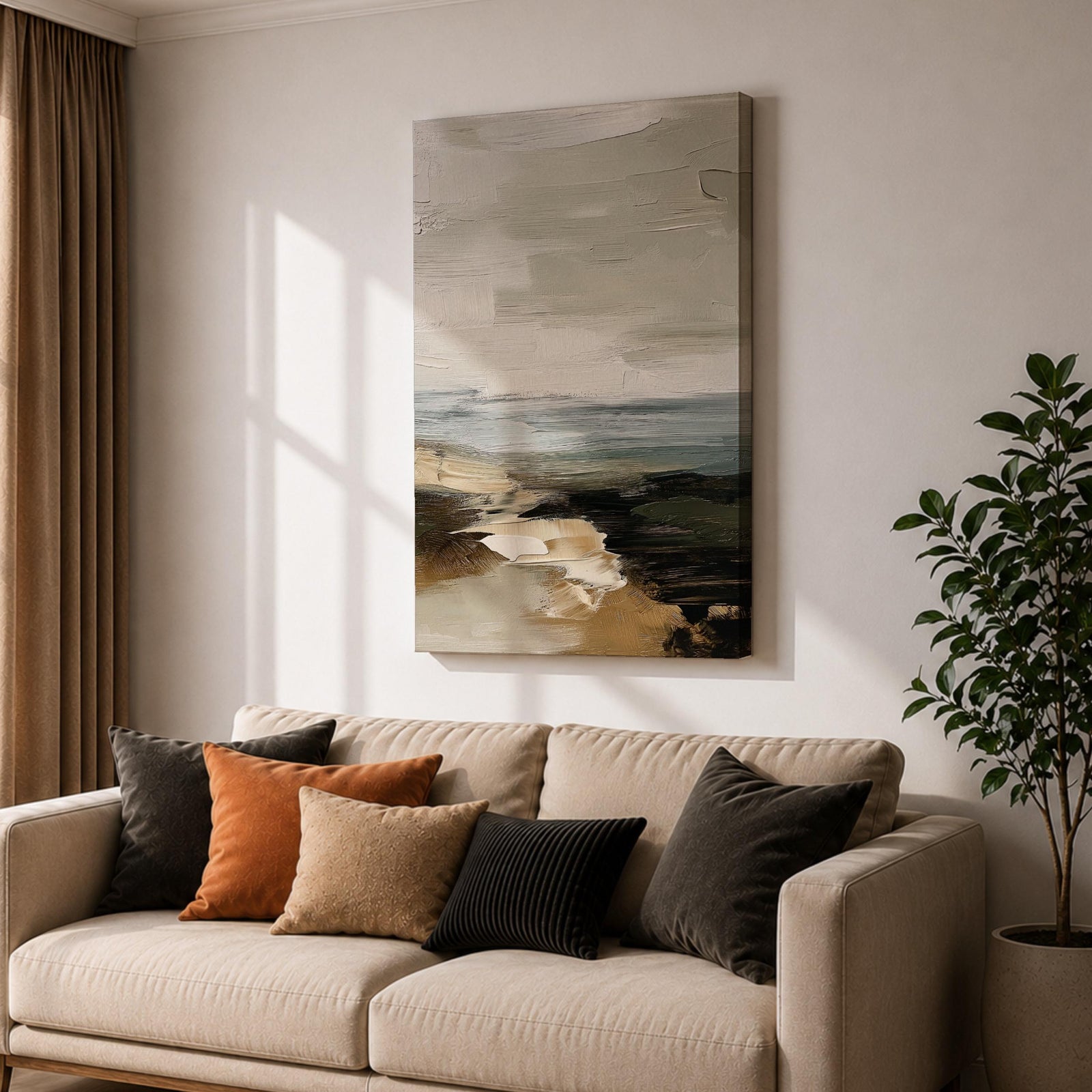 An abstract seascape painting with textured brush strokes depicting a coastal scene. The artwork features layered colors blending sea, sky, and shore elements in a rustic style with an impressionistic, abstract approach emphasizing natural landscape forms.