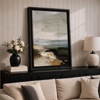 An abstract seascape painting with textured brush strokes depicting a coastal scene. The artwork features layered colors blending sea, sky, and shore elements in a rustic style with an impressionistic, abstract approach emphasizing natural landscape forms.