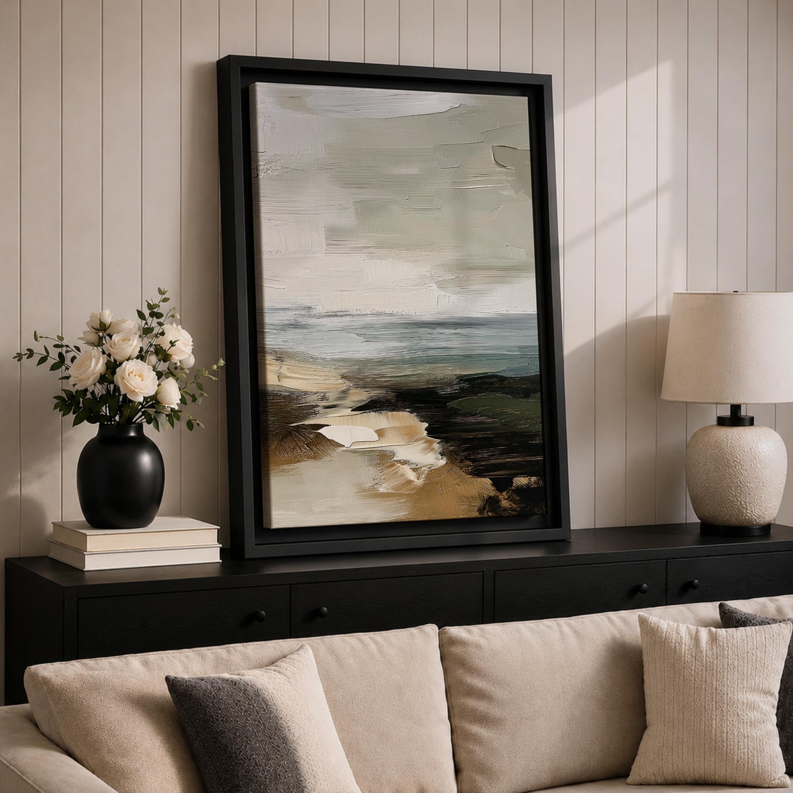 An abstract seascape painting with textured brush strokes depicting a coastal scene. The artwork features layered colors blending sea, sky, and shore elements in a rustic style with an impressionistic, abstract approach emphasizing natural landscape forms.