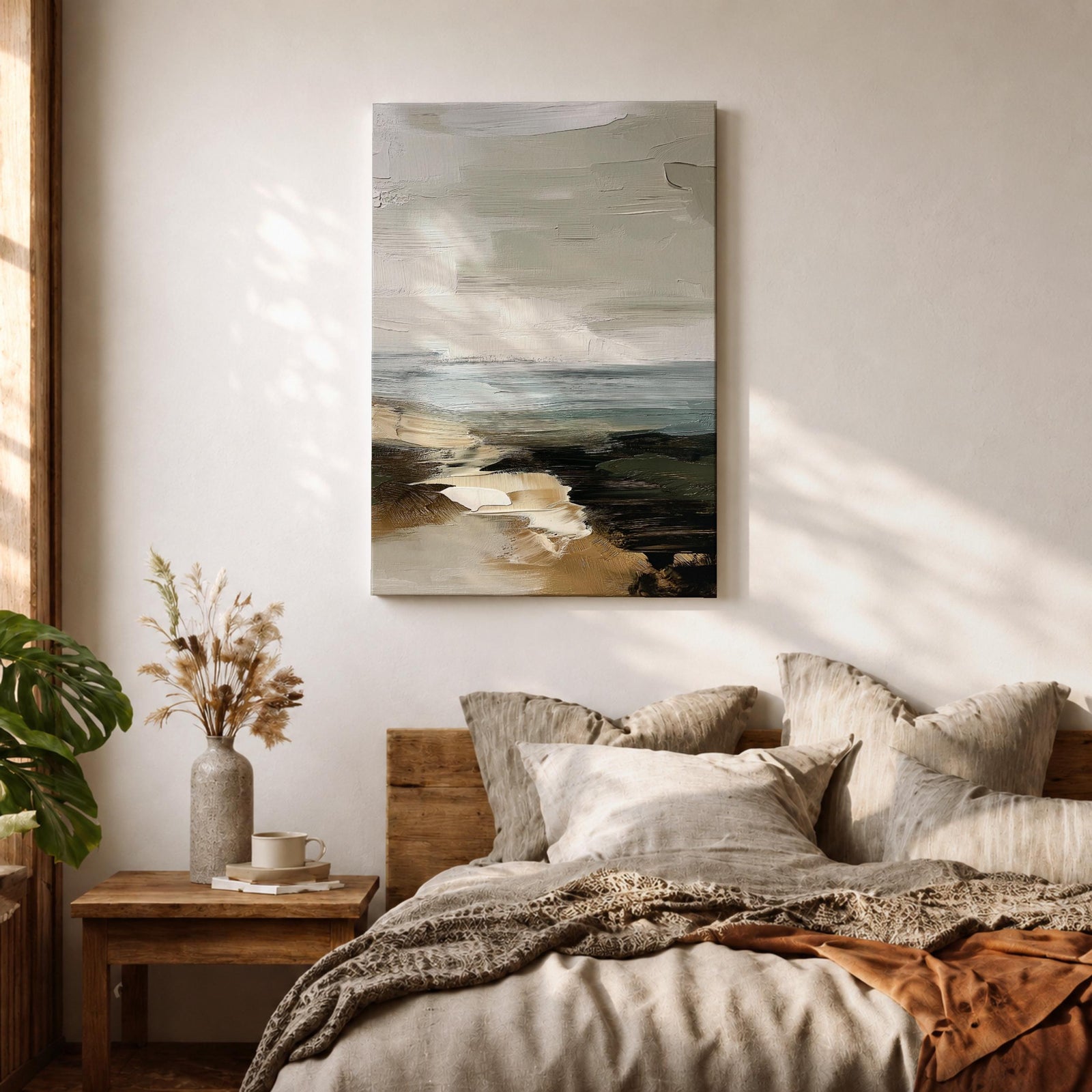 An abstract seascape painting with textured brush strokes depicting a coastal scene. The artwork features layered colors blending sea, sky, and shore elements in a rustic style with an impressionistic, abstract approach emphasizing natural landscape forms.