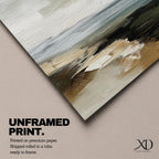 An abstract seascape painting with textured brush strokes depicting a coastal scene. The artwork features layered colors blending sea, sky, and shore elements in a rustic style with an impressionistic, abstract approach emphasizing natural landscape forms.