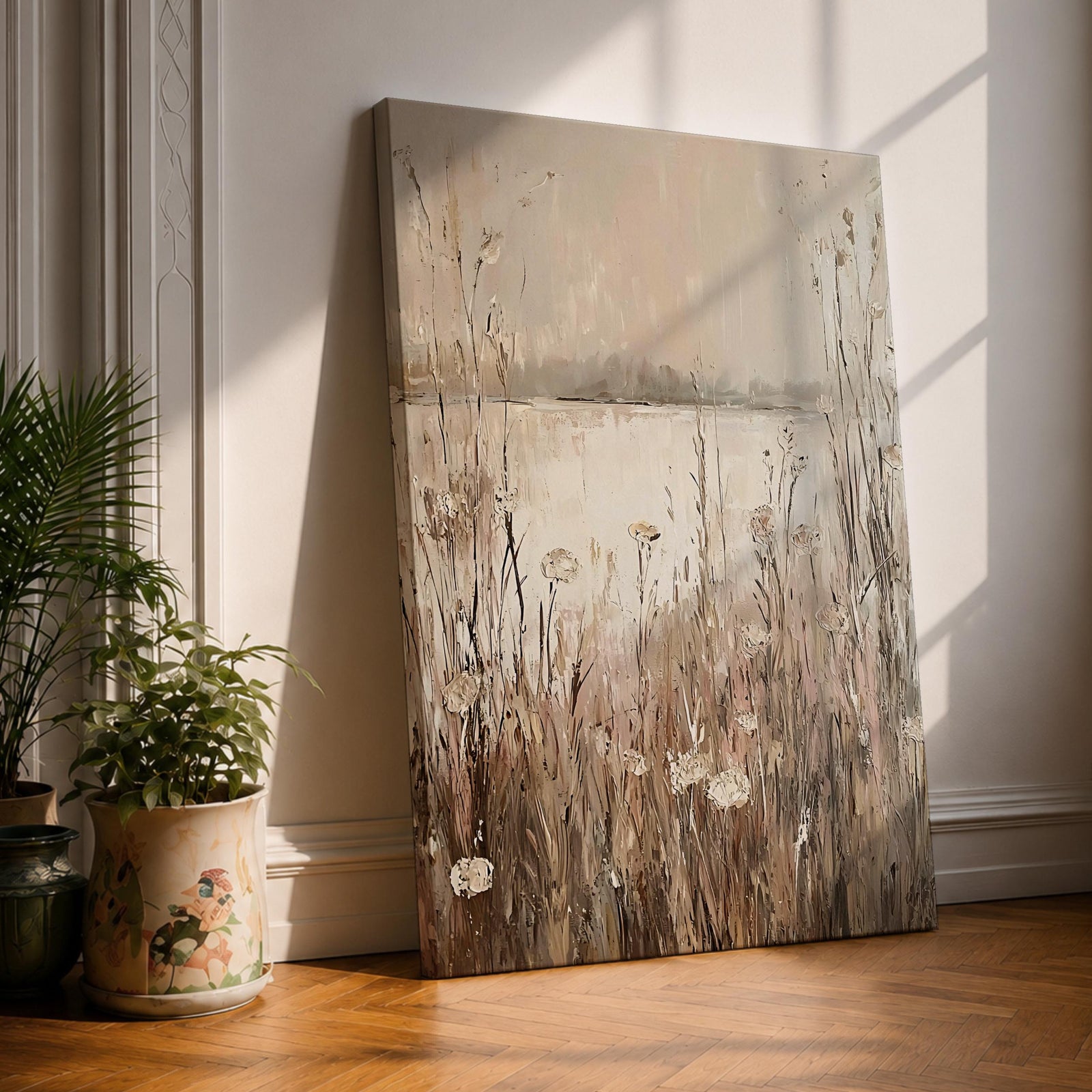 This artwork depicts a vintage-style meadow lake landscape featuring tall grasses and wildflowers in an impressionistic vintage style. The textured brushstrokes create a soft, natural scene of a calm lake bordered by wild meadow plants, framed in a simple wooden frame.