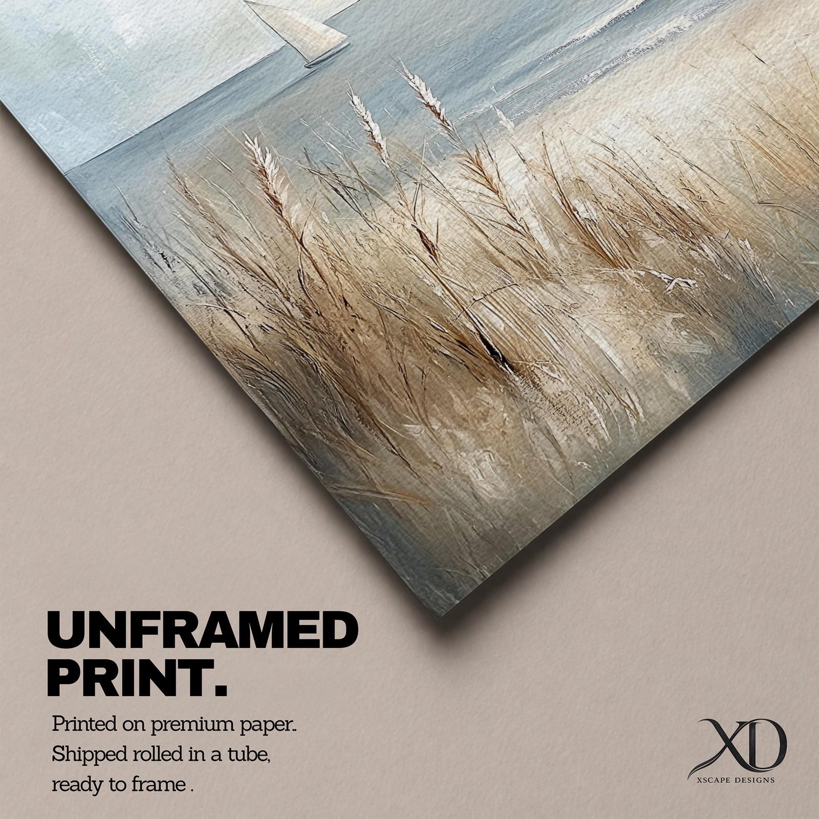 A vintage-style framed canvas painting depicting a sailboat on calm coastal waters with gentle waves and tall beach grasses in the foreground. The artwork captures a serene beach landscape with soft textures and muted tones, evoking a rustic farmhouse coastal aesthetic.