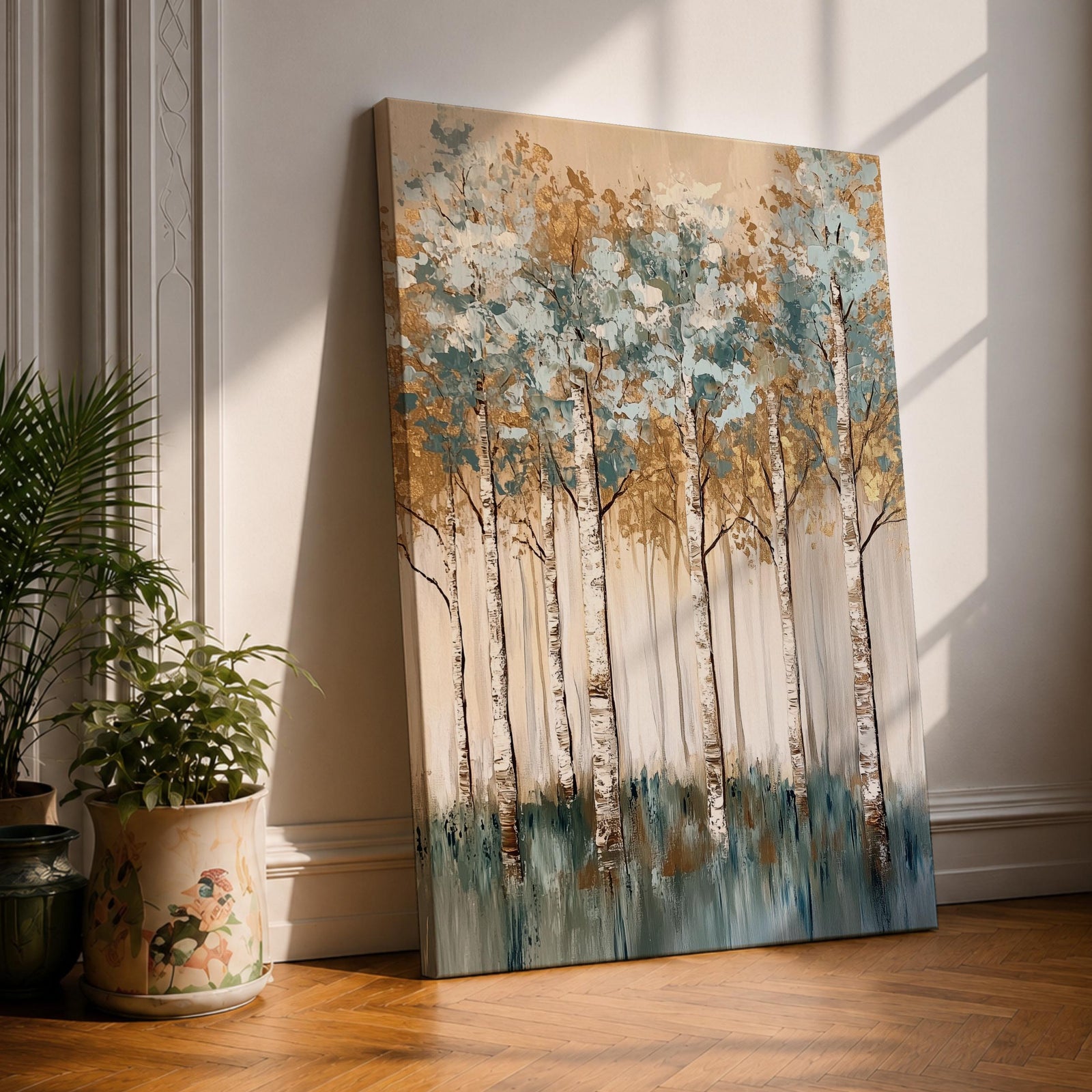 A vintage-style framed canvas wall art depicting a birch tree forest with slender white trunks and textured foliage in blue and gold hues. The composition captures a serene woodland scene with a painterly vintage aesthetic, emphasizing natural elements and vertical tree forms in a nature-themed artwork.