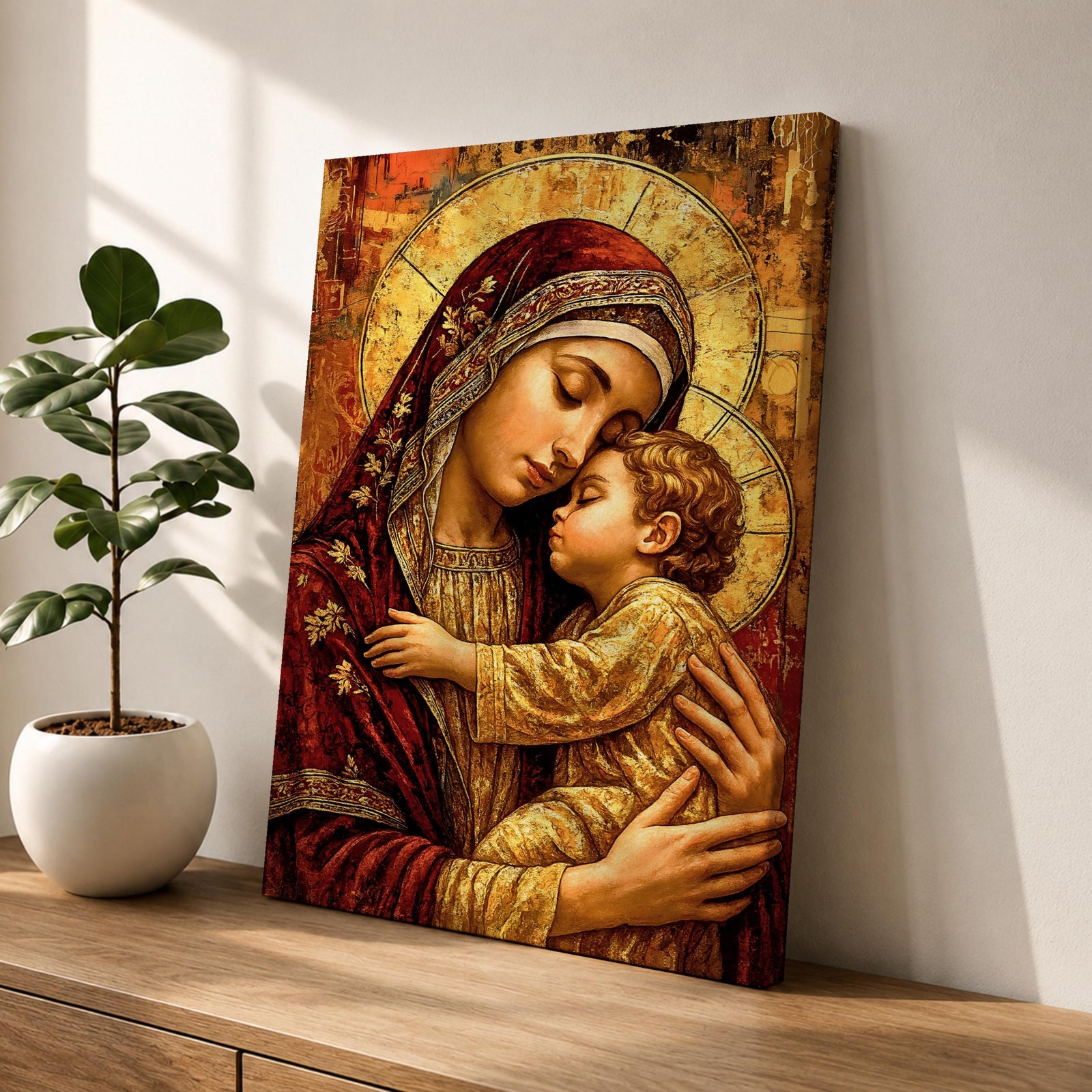 Painting of the Virgin Mary gently holding the child Jesus close to her chest with both figures touching foreheads, wearing rich robes and golden halos behind their heads, rendered in a vintage devotional icon style with warm tones emphasizing maternal tenderness and sacred intimacy.