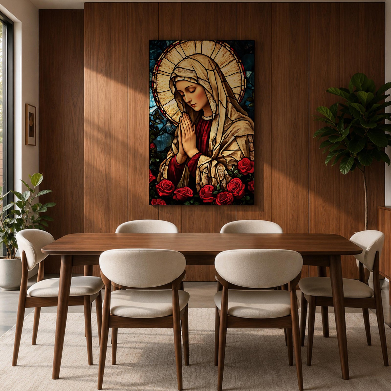 Stained glass style artwork of the Virgin Mary with head bowed and hands clasped in prayer, wearing a cream veil and red garment, surrounded by a radiant circular halo and red roses at the base, rendered with detailed stained glass panels and rich colors in a devotional Marian composition.