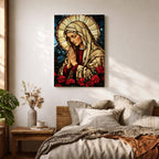 Stained glass style artwork of the Virgin Mary with head bowed and hands clasped in prayer, wearing a cream veil and red garment, surrounded by a radiant circular halo and red roses at the base, rendered with detailed stained glass panels and rich colors in a devotional Marian composition.