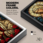 Stained glass style artwork of the Virgin Mary with head bowed and hands clasped in prayer, wearing a cream veil and red garment, surrounded by a radiant circular halo and red roses at the base, rendered with detailed stained glass panels and rich colors in a devotional Marian composition.