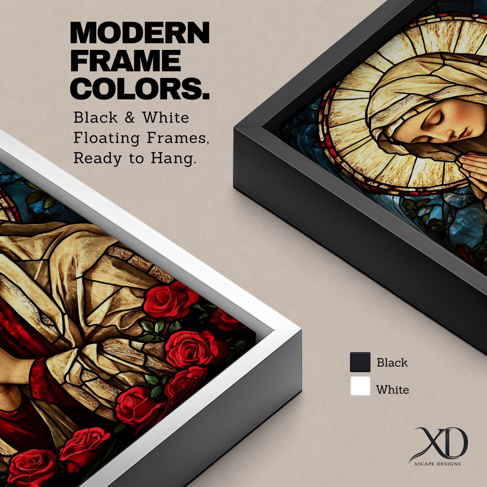 Stained glass style artwork of the Virgin Mary with head bowed and hands clasped in prayer, wearing a cream veil and red garment, surrounded by a radiant circular halo and red roses at the base, rendered with detailed stained glass panels and rich colors in a devotional Marian composition.