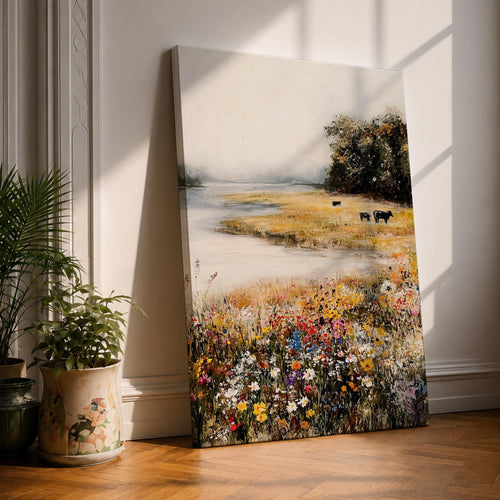 A vintage-style framed canvas painting depicting a countryside river scene with a wildflower meadow in the foreground and trees along the riverbank. The artwork features rustic natural elements and a soft, nostalgic aesthetic typical of farmhouse decor, emphasizing a peaceful rural landscape.