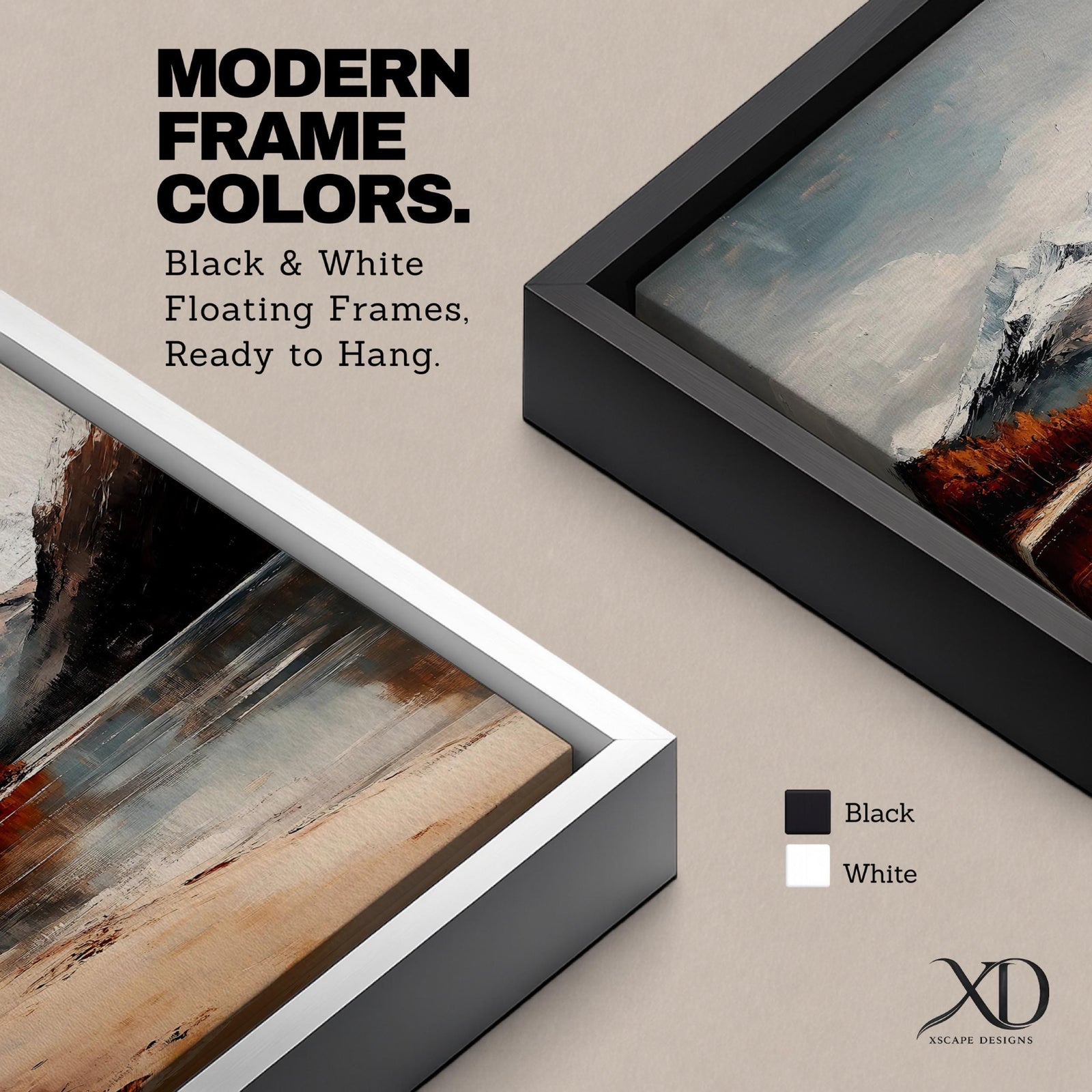 A framed vintage-style painting of a mountain lake featuring snow-capped peaks, autumnal trees, and a reflective water surface, rendered with textured brushstrokes that emphasize a rustic natural landscape.