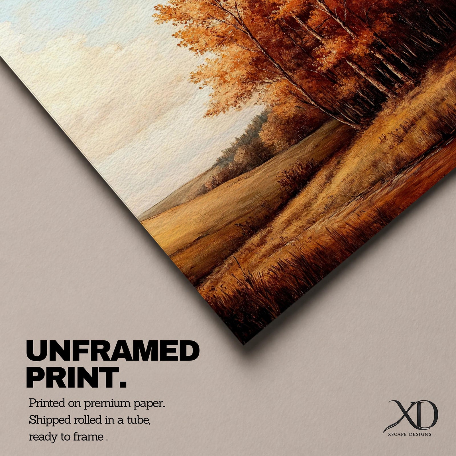 A framed vintage-style painting depicting an autumn landscape with a cluster of orange and yellow fall trees beside a gently rolling meadow under a partly cloudy sky. The artwork captures the serene beauty of a rustic countryside in fall with detailed foliage and soft natural tones.