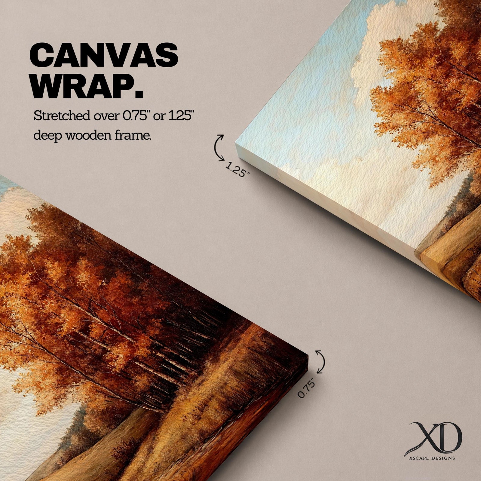 A framed vintage-style painting depicting an autumn landscape with a cluster of orange and yellow fall trees beside a gently rolling meadow under a partly cloudy sky. The artwork captures the serene beauty of a rustic countryside in fall with detailed foliage and soft natural tones.