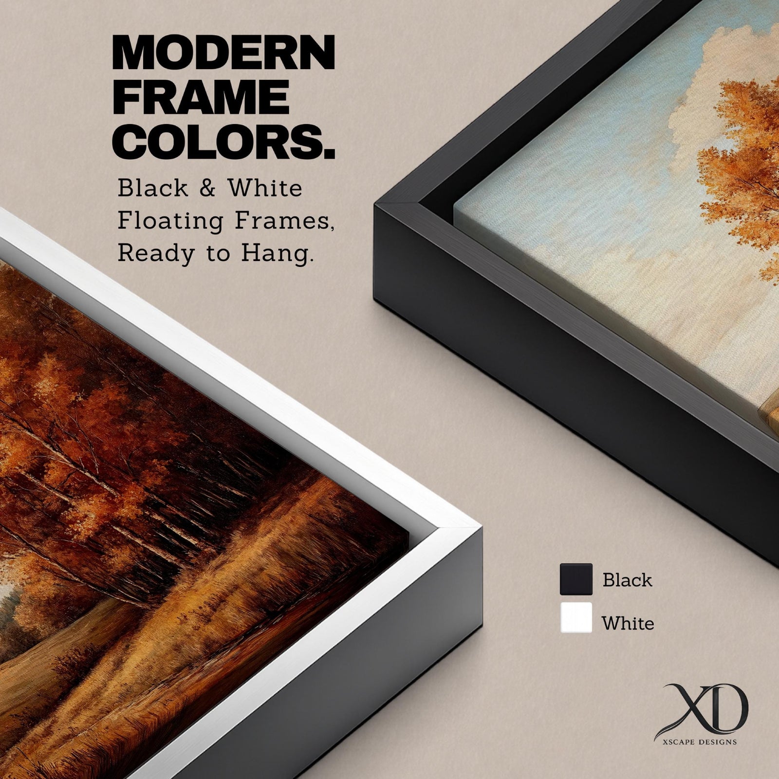 A framed vintage-style painting depicting an autumn landscape with a cluster of orange and yellow fall trees beside a gently rolling meadow under a partly cloudy sky. The artwork captures the serene beauty of a rustic countryside in fall with detailed foliage and soft natural tones.