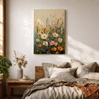 A textured impasto painting of a wildflower meadow featuring various flowers including large white, pink, orange, and blue blooms with tall green stems against a soft beige and blue background. The floral composition is vibrant and detailed, emphasizing natural beauty in a classic impasto style.