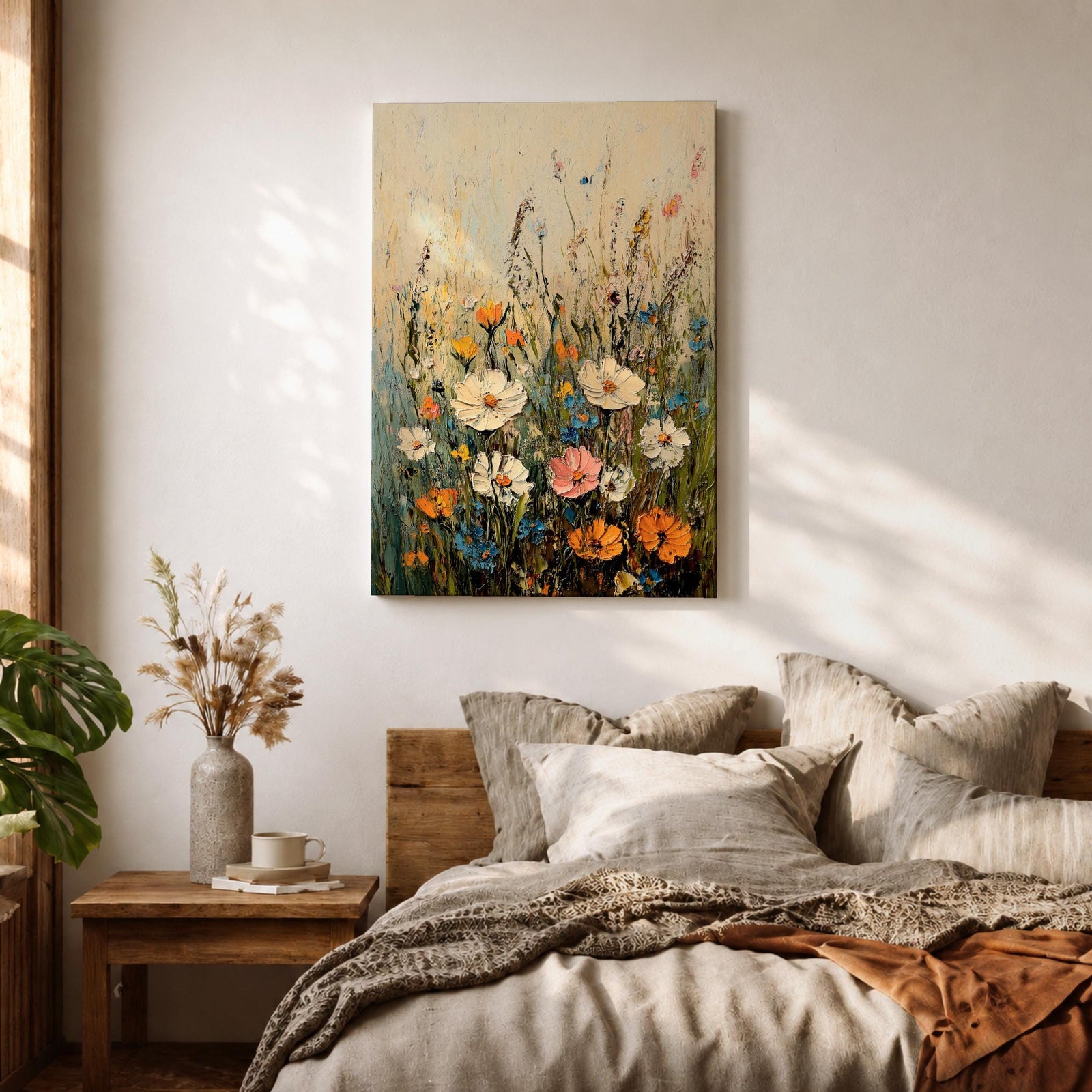 A textured impasto painting of a wildflower meadow featuring various flowers including large white, pink, orange, and blue blooms with tall green stems against a soft beige and blue background. The floral composition is vibrant and detailed, emphasizing natural beauty in a classic impasto style.