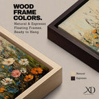 A textured impasto painting of a wildflower meadow featuring various flowers including large white, pink, orange, and blue blooms with tall green stems against a soft beige and blue background. The floral composition is vibrant and detailed, emphasizing natural beauty in a classic impasto style.
