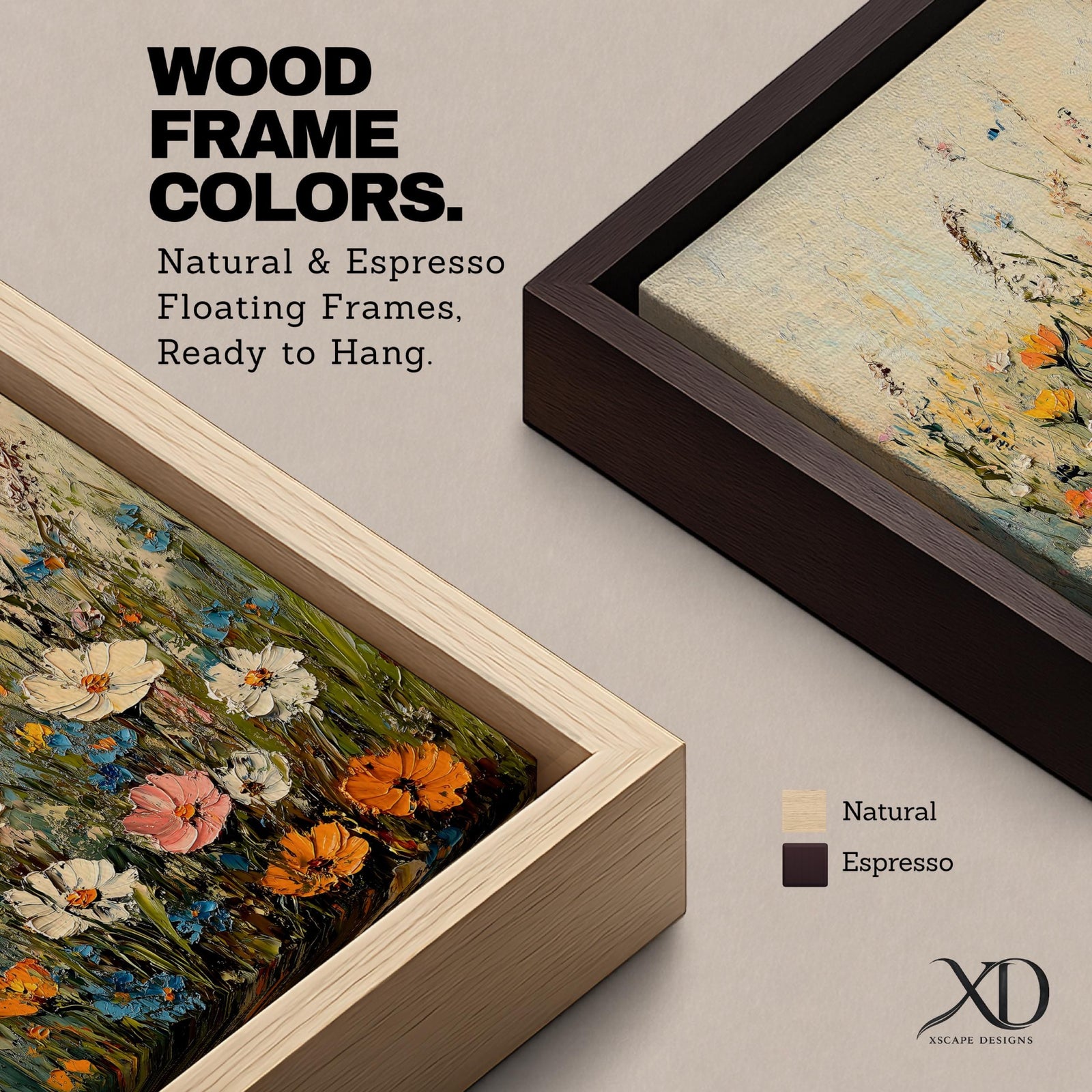 A textured impasto painting of a wildflower meadow featuring various flowers including large white, pink, orange, and blue blooms with tall green stems against a soft beige and blue background. The floral composition is vibrant and detailed, emphasizing natural beauty in a classic impasto style.