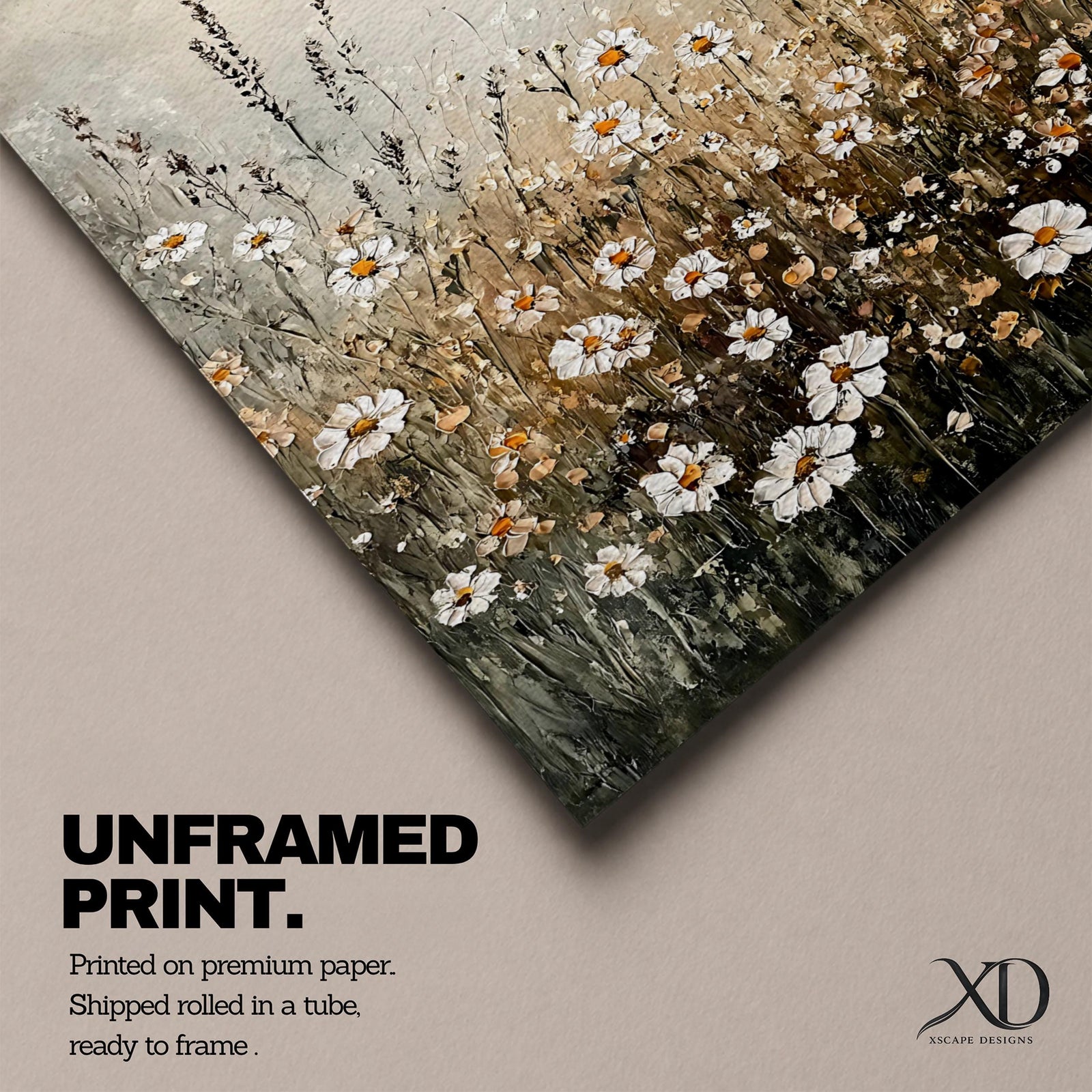 A framed canvas depicting a wildflower painting featuring delicate daisies and meadow flowers in a rustic, natural style with soft neutral tones, capturing the essence of a wildflower field in a cottagecore aesthetic.