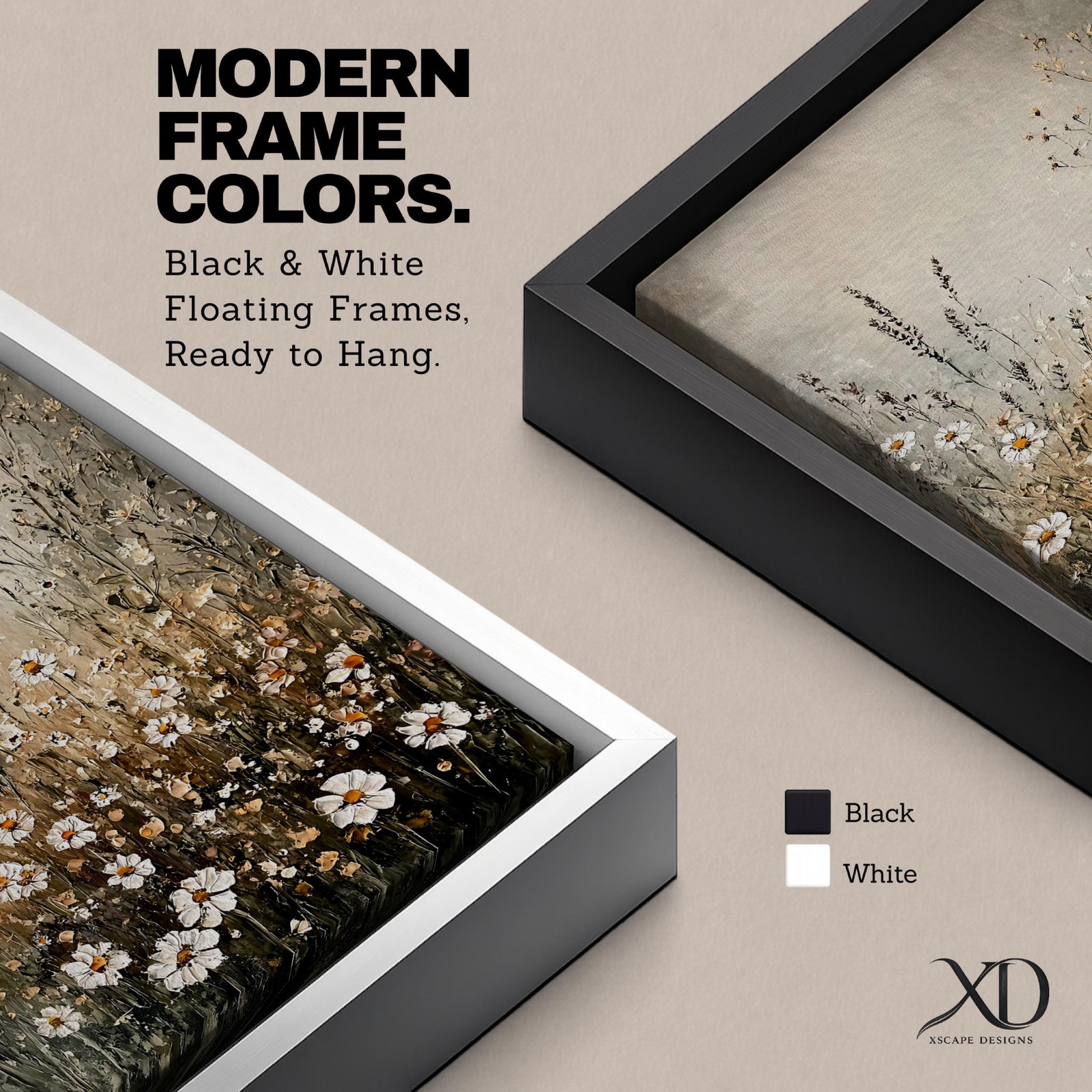 A framed canvas depicting a wildflower painting featuring delicate daisies and meadow flowers in a rustic, natural style with soft neutral tones, capturing the essence of a wildflower field in a cottagecore aesthetic.