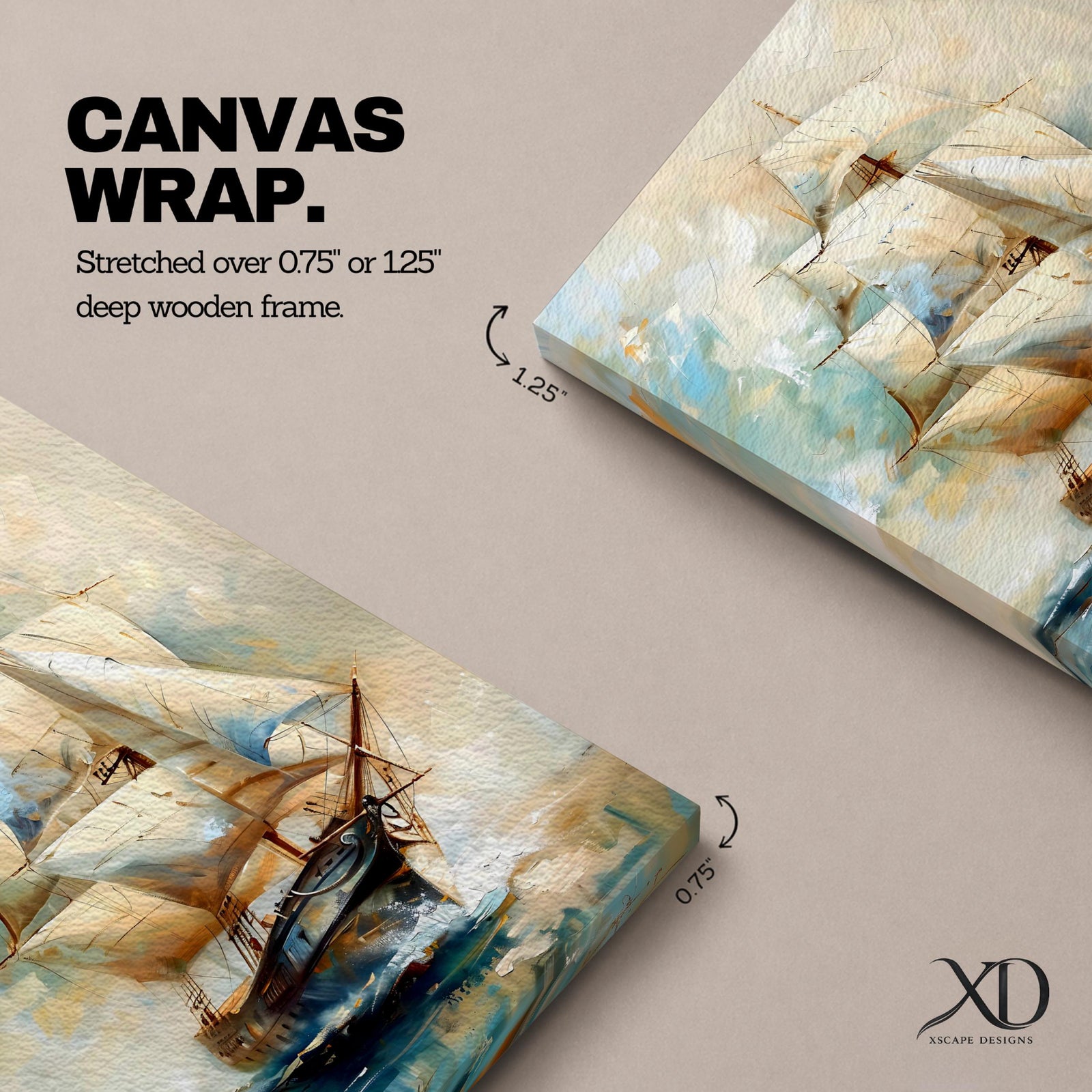 A vintage-style framed canvas painting of a sailing ship with full sails navigating through water, featuring a tall ship design with detailed rigging and a dynamic sea background rendered in soft, blended brushstrokes emphasizing movement and classic maritime imagery.