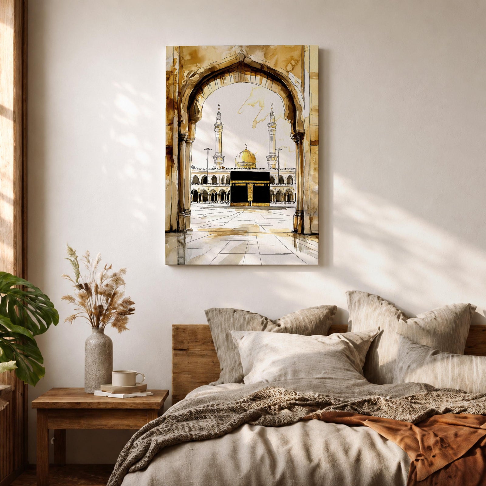 Watercolor illustration of the Kaaba at the center of Masjid al Haram in Mecca with pilgrims gathered around the sacred cubic sanctuary draped in the black kiswah, with surrounding mosque arcades, minarets, and the Abraj clock tower rising behind in a soft atmospheric wash rendered in warm sepia toned watercolor.