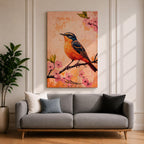 A vibrant painting of a bird perched on a branch adorned with pink blossoms. The artwork features detailed brushwork highlighting the bird's orange and blue feathers against a textured warm background. The composition emphasizes natural elements with a botanical theme, capturing a serene moment in nature.