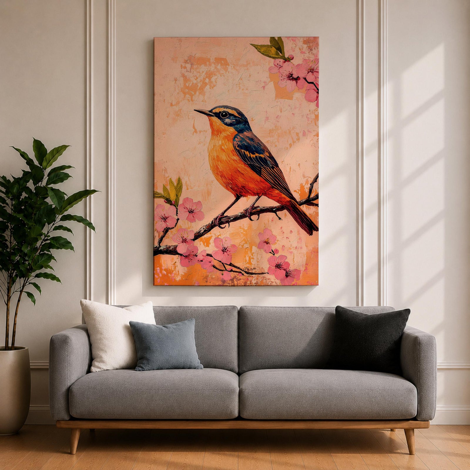 A vibrant painting of a bird perched on a branch adorned with pink blossoms. The artwork features detailed brushwork highlighting the bird's orange and blue feathers against a textured warm background. The composition emphasizes natural elements with a botanical theme, capturing a serene moment in nature.