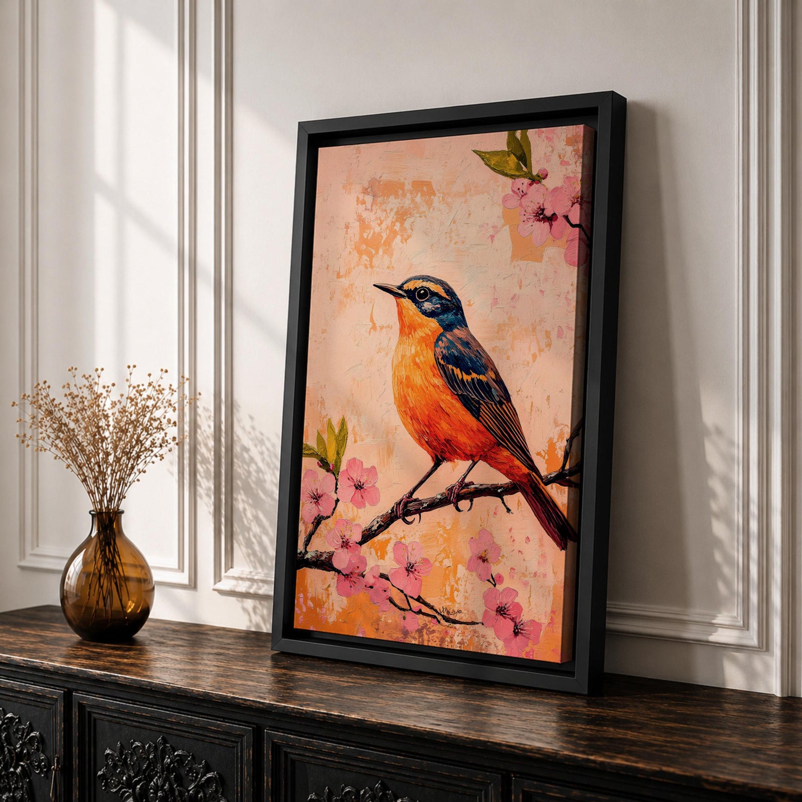 A vibrant painting of a bird perched on a branch adorned with pink blossoms. The artwork features detailed brushwork highlighting the bird's orange and blue feathers against a textured warm background. The composition emphasizes natural elements with a botanical theme, capturing a serene moment in nature.